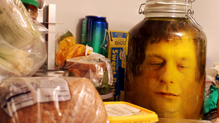 The best kitchen prank is putting a human head in a jar inside a fridge